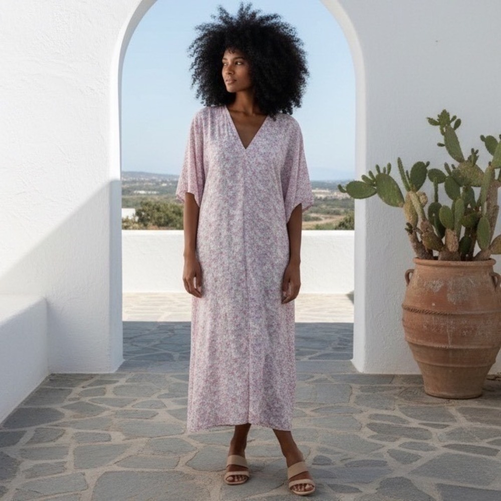 Brooke Wright Floral Kaftan Dress Womens Medium Pink Purple Cotton Linen Maxi